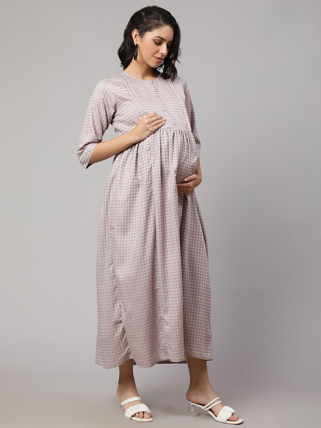 Women's Taupe Geometric Printed Maternity Dress