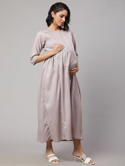 Women's Taupe Geometric Printed Maternity Dress