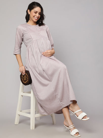 Women's Taupe Geometric Printed Maternity Dress