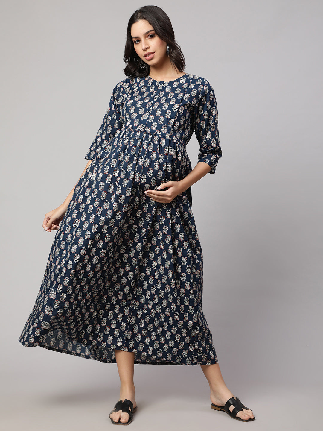 Women's Blue Printed Flared Maternity Dress