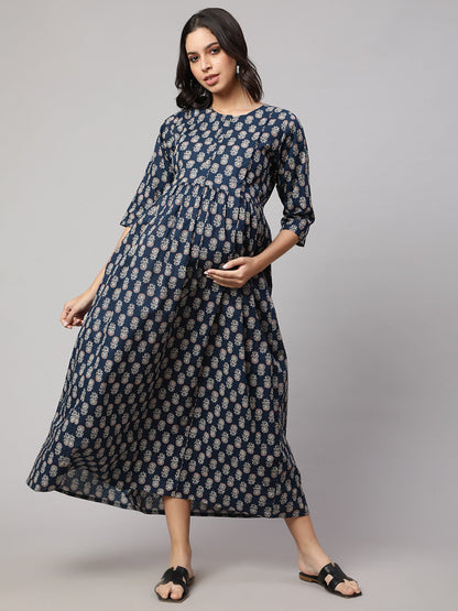 Women's Blue Printed Flared Maternity Dress