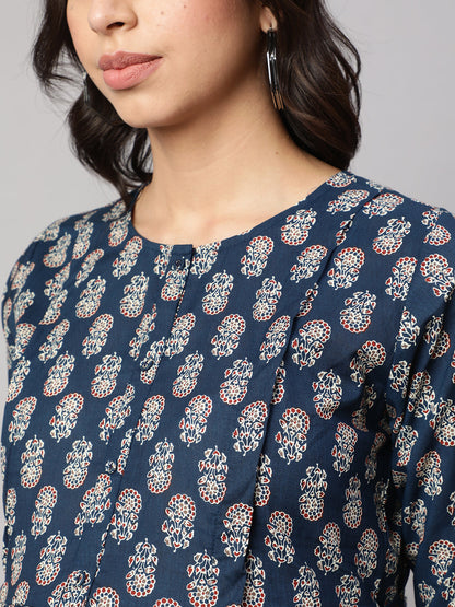 Women's Blue Printed Flared Maternity Dress