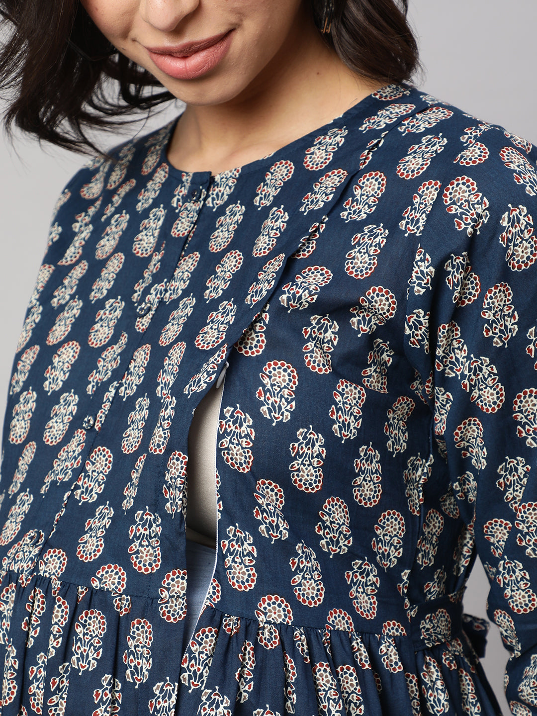 Women's Blue Printed Flared Maternity Dress