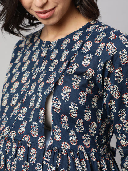 Women's Blue Printed Flared Maternity Dress