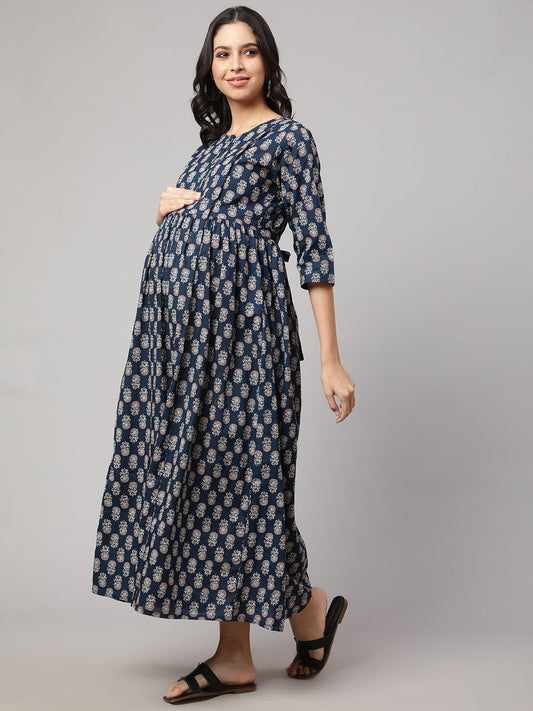 Women's Blue Printed Flared Maternity Dress