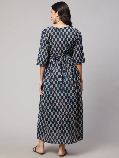 Women's Blue Printed Flared Maternity Dress