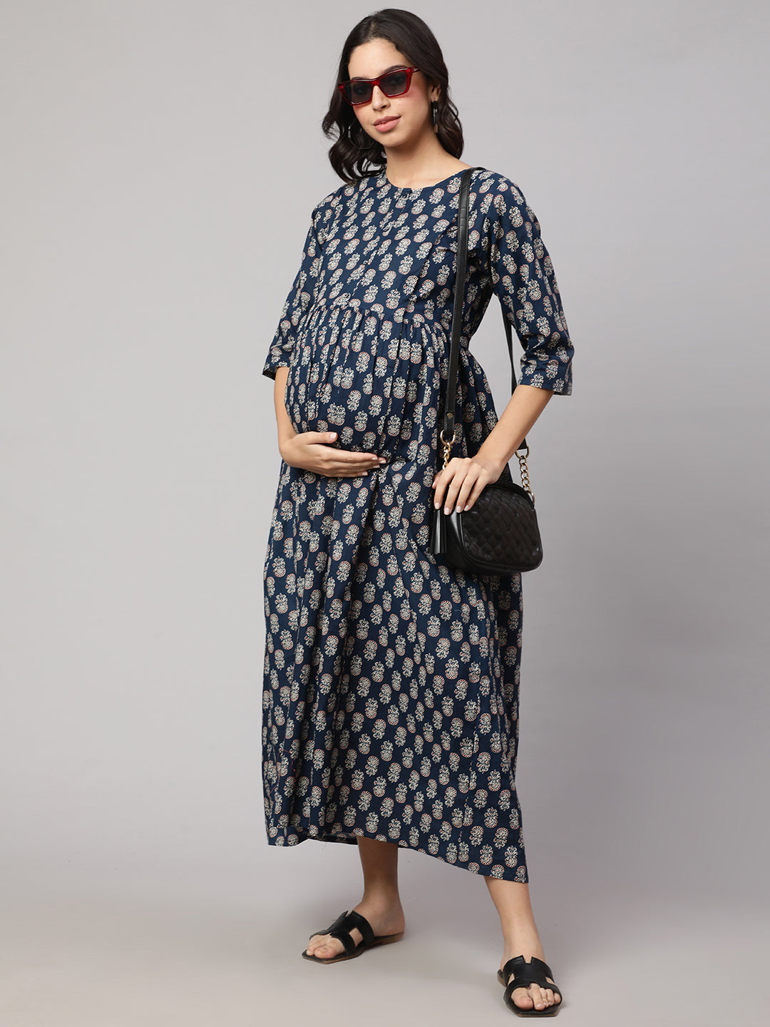 Women's Blue Printed Flared Maternity Dress