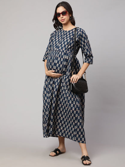 Women's Blue Printed Flared Maternity Dress