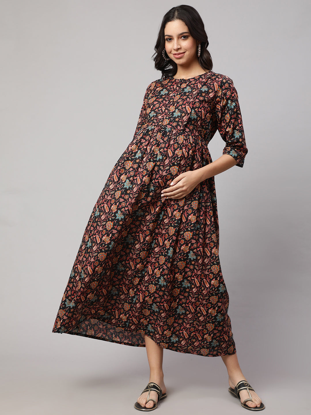 Women's Black Printed Flared Maternity Dress