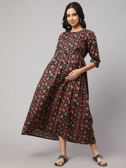 Women's Black Printed Flared Maternity Dress