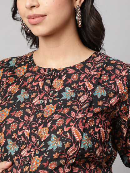 Women's Black Printed Flared Maternity Dress