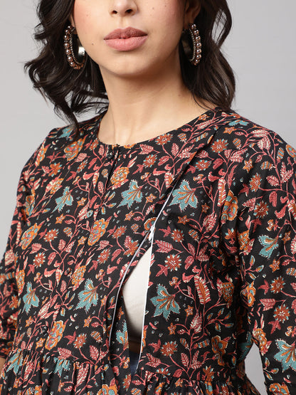 Women's Black Printed Flared Maternity Dress
