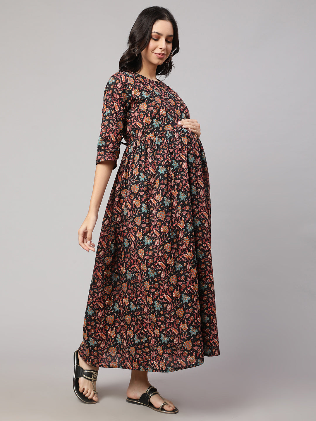 Women's Black Printed Flared Maternity Dress
