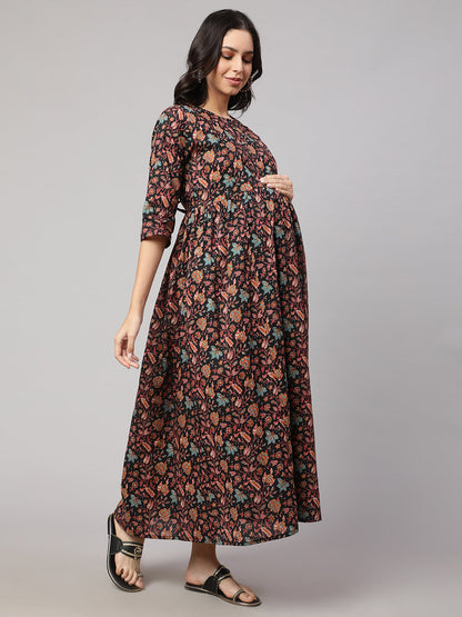 Women's Black Printed Flared Maternity Dress