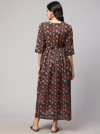 Women's Black Printed Flared Maternity Dress