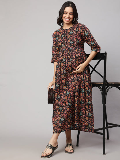 Women's Black Printed Flared Maternity Dress