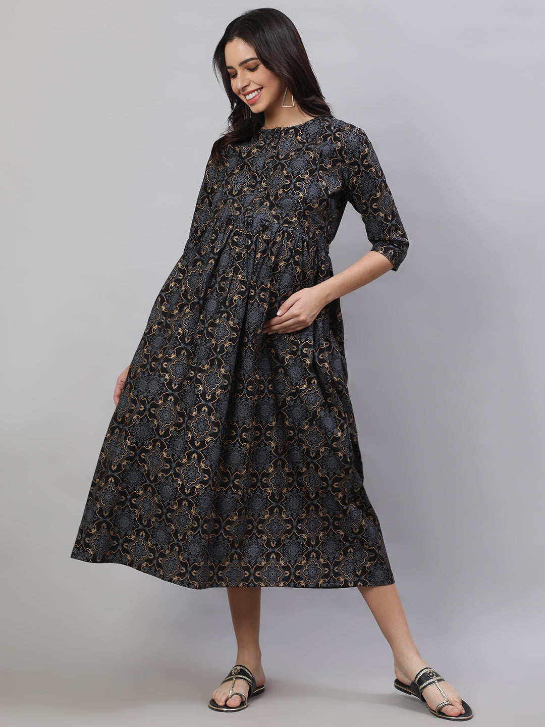 Women's Black Printed Flared Maternity Dress