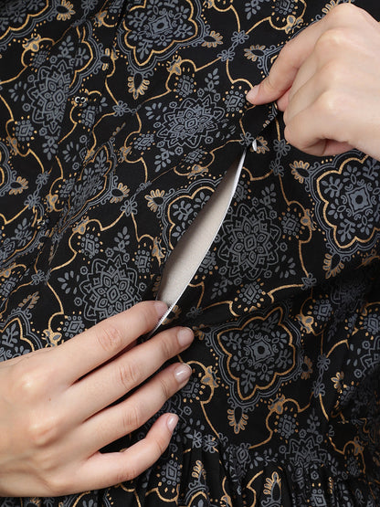 Women's Black Printed Flared Maternity Dress