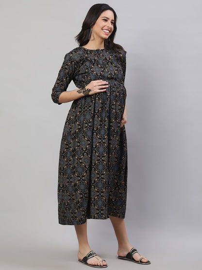 Women's Black Printed Flared Maternity Dress