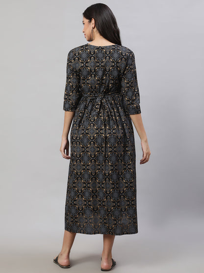 Women's Black Printed Flared Maternity Dress