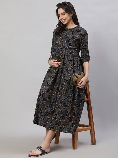 Women's Black Printed Flared Maternity Dress