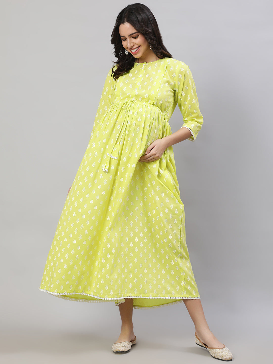 Women's Yellow Printed Flared Maternity Dress