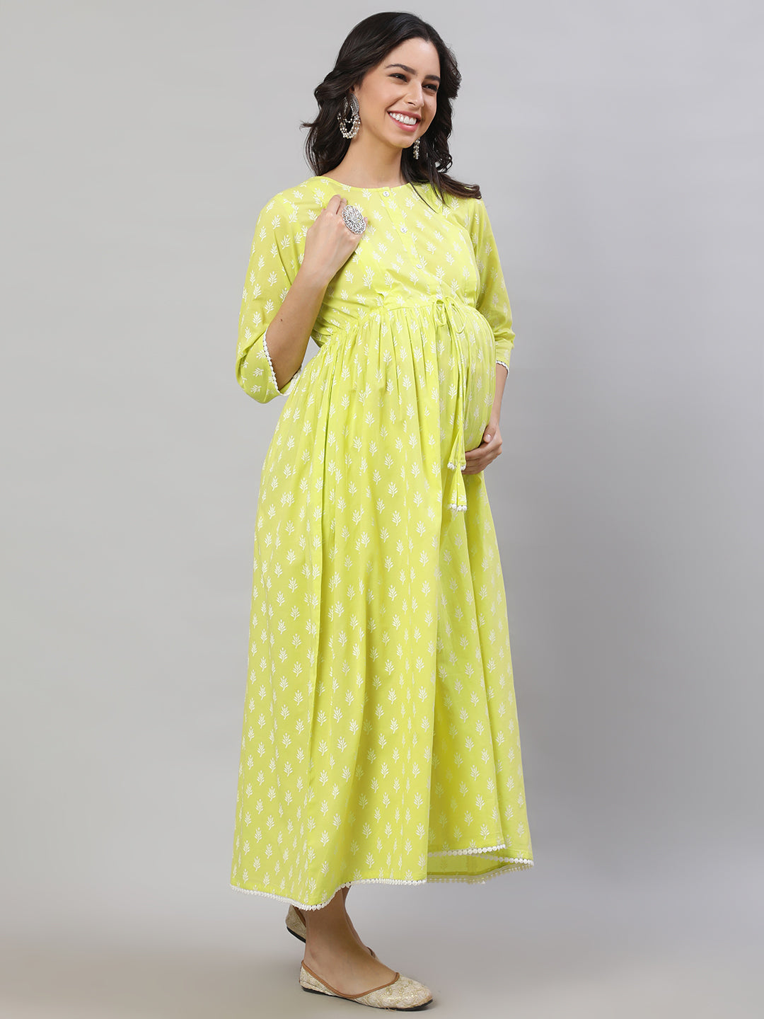 Women's Yellow Printed Flared Maternity Dress
