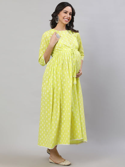 Women's Yellow Printed Flared Maternity Dress