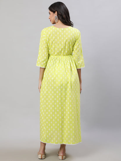 Women's Yellow Printed Flared Maternity Dress