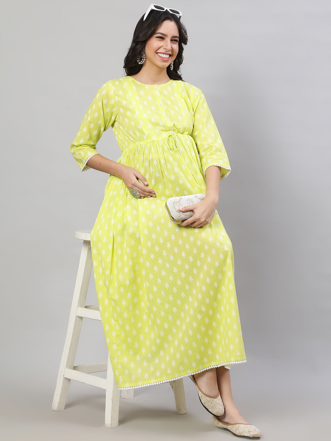 Women's Yellow Printed Flared Maternity Dress