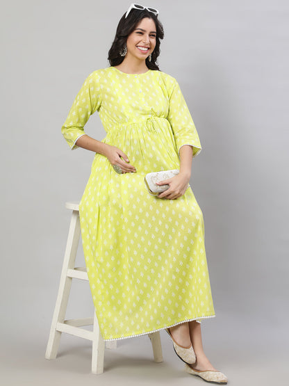 Women's Yellow Printed Flared Maternity Dress