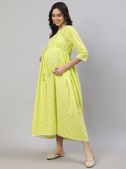 Women's Yellow Printed Flared Maternity Dress