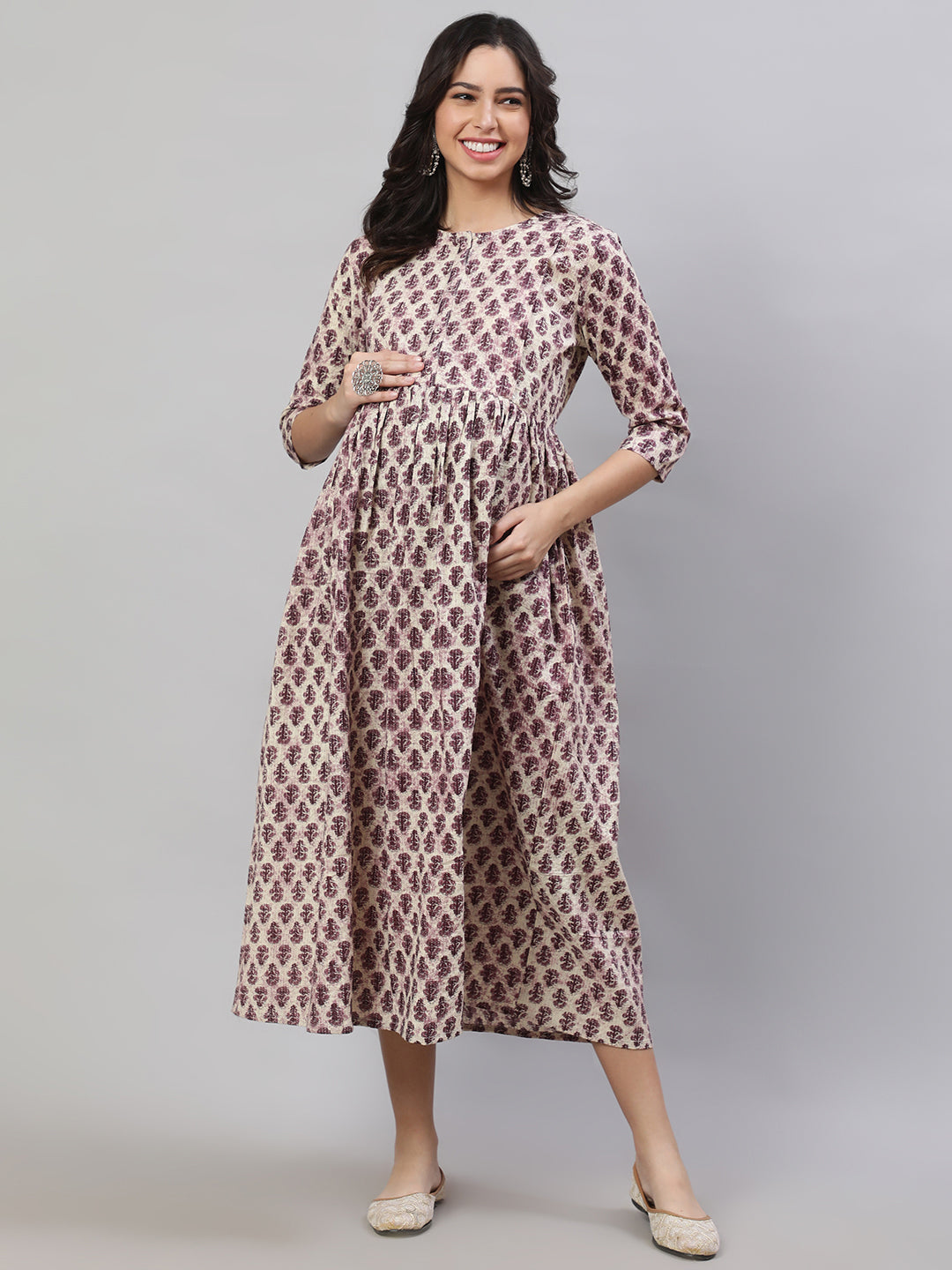 Women's Beige Printed Flared Maternity Dress