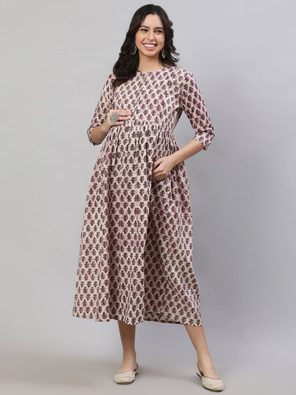 Women's Beige Printed Flared Maternity Dress