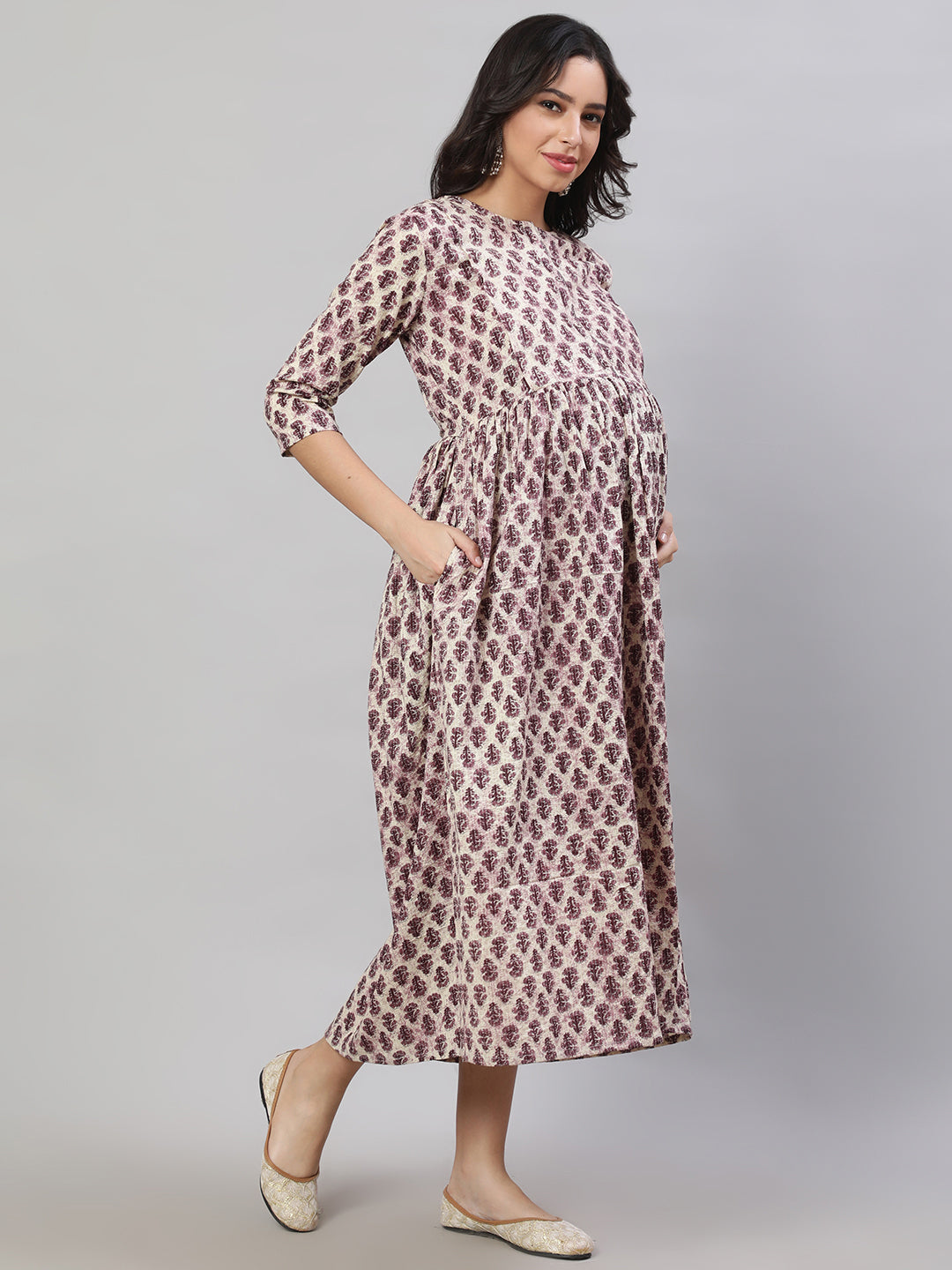 Women's Beige Printed Flared Maternity Dress
