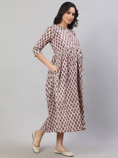 Women's Beige Printed Flared Maternity Dress