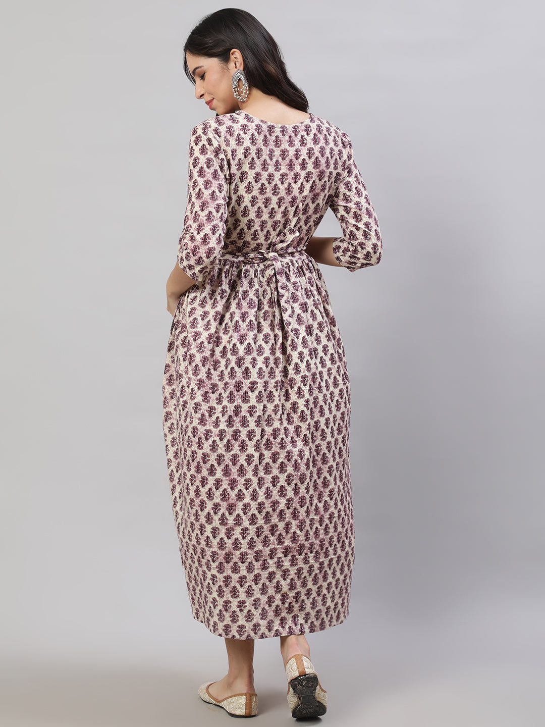 Women's Beige Printed Flared Maternity Dress
