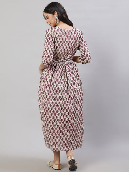 Women's Beige Printed Flared Maternity Dress