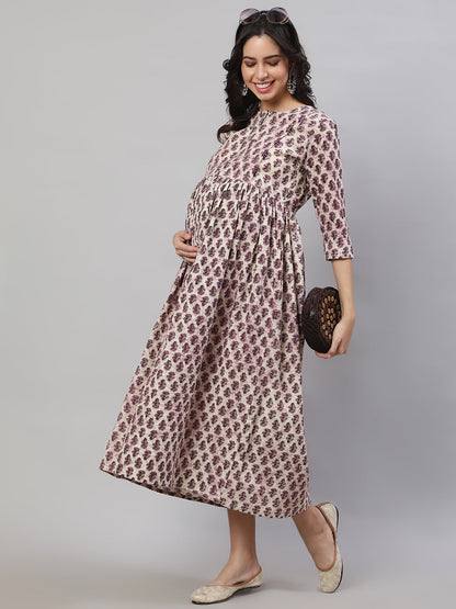 Women's Beige Printed Flared Maternity Dress