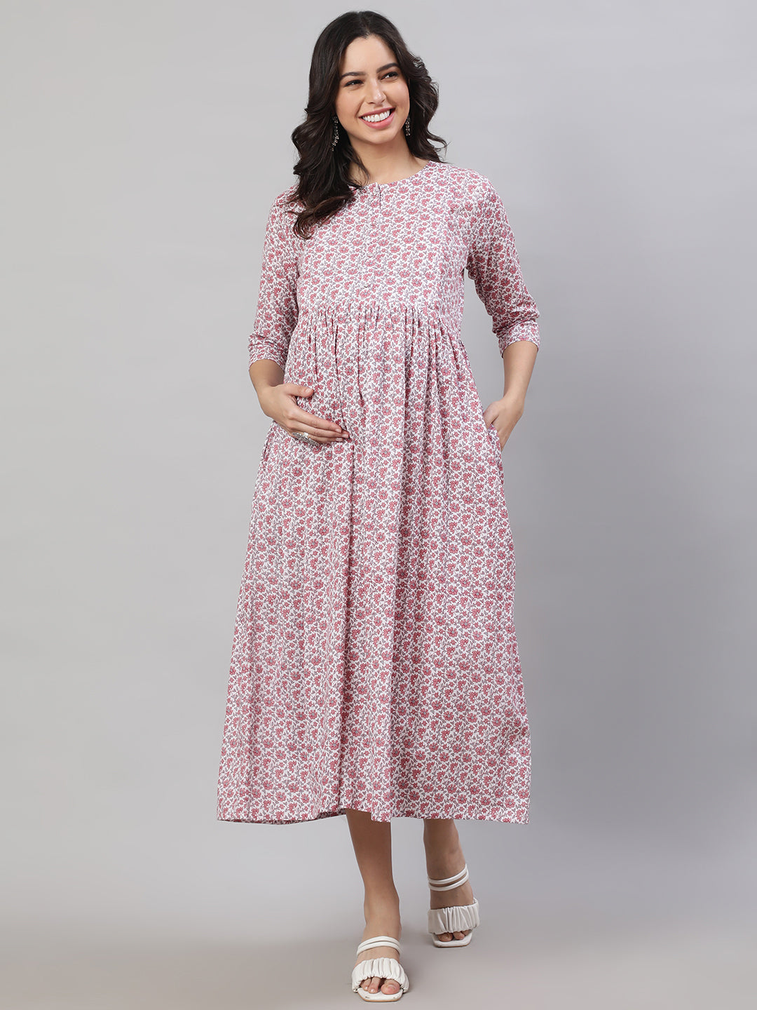 Women's Off-White Printed Flared Maternity Dress