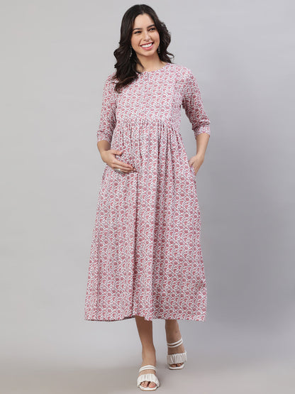 Women's Off-White Printed Flared Maternity Dress