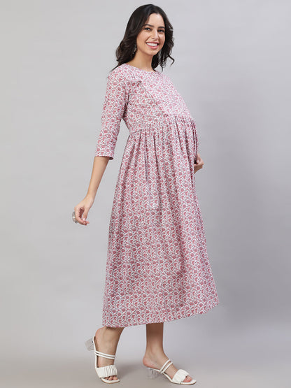 Women's Off-White Printed Flared Maternity Dress