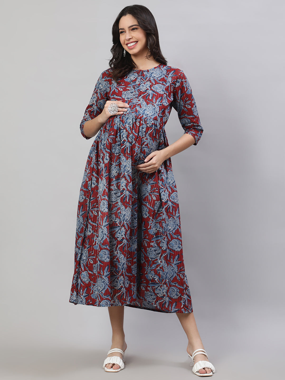 Women's Maroon & Blue Printed Flared Maternity Dress