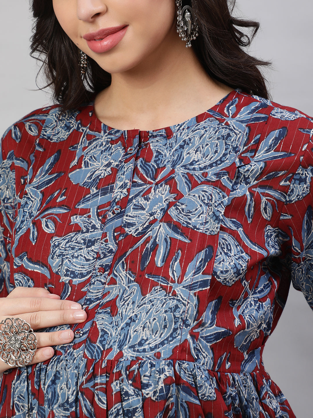 Women's Maroon & Blue Printed Flared Maternity Dress