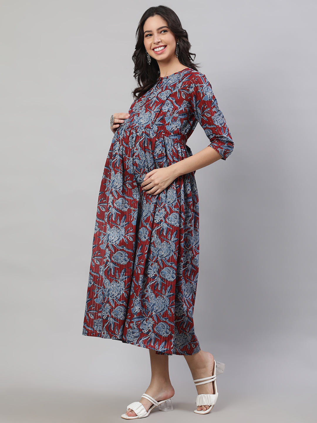 Women's Maroon & Blue Printed Flared Maternity Dress