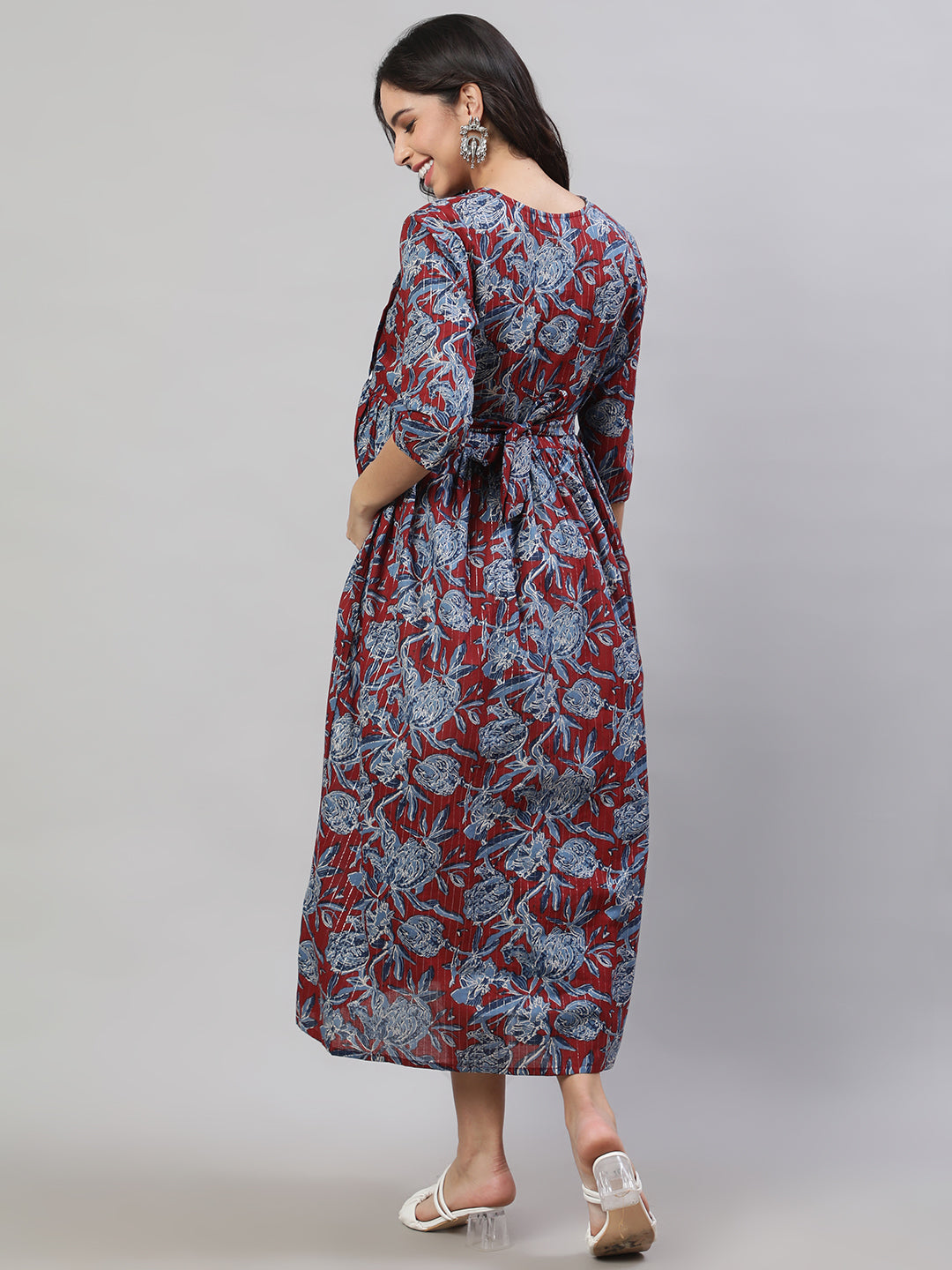 Women's Maroon & Blue Printed Flared Maternity Dress