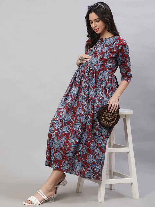 Women's Maroon & Blue Printed Flared Maternity Dress
