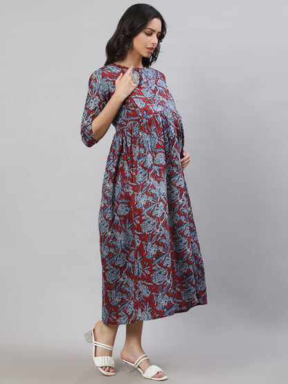 Women's Maroon & Blue Printed Flared Maternity Dress