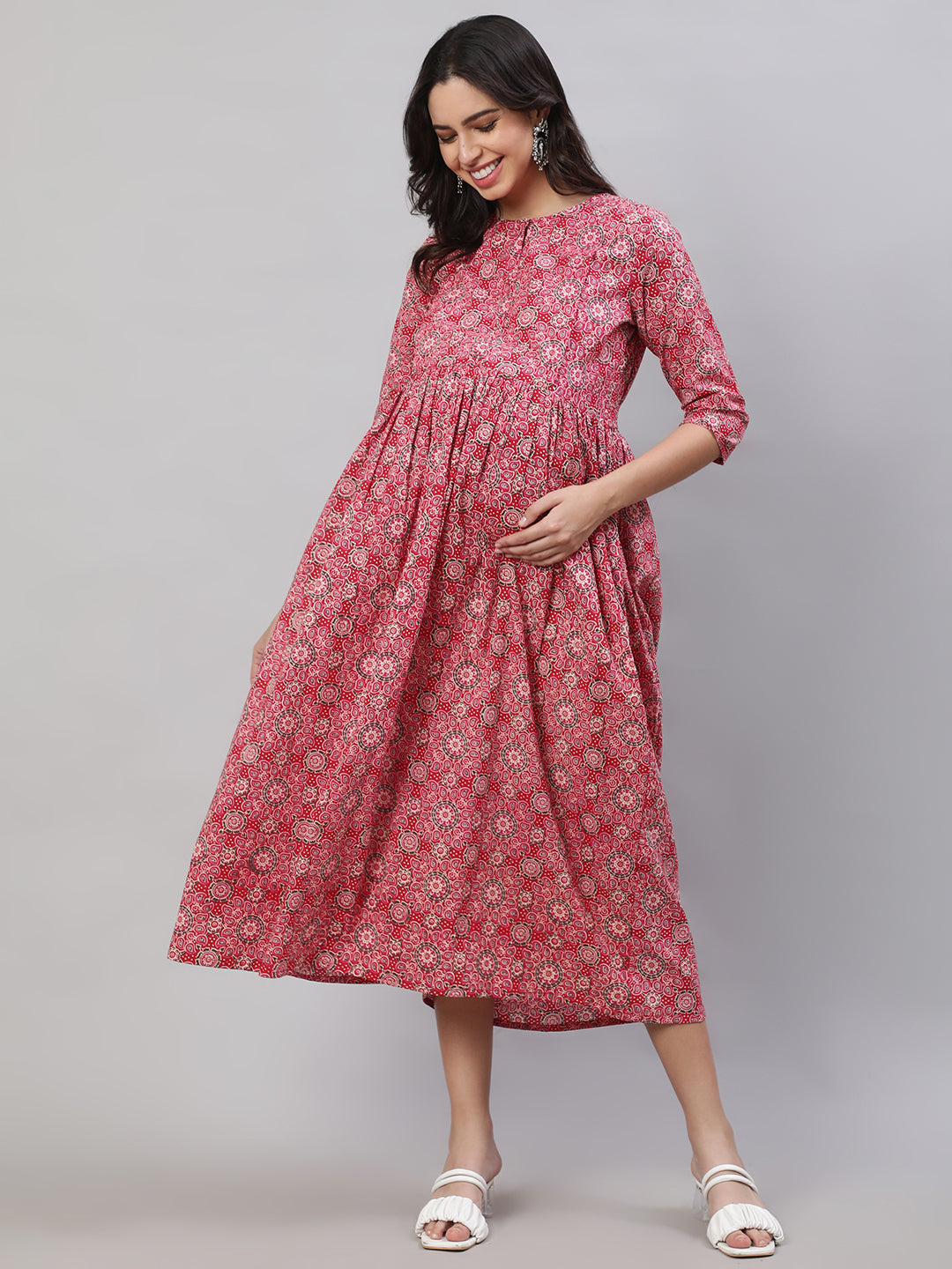 Women's Pink Printed Flared Maternity Dress
