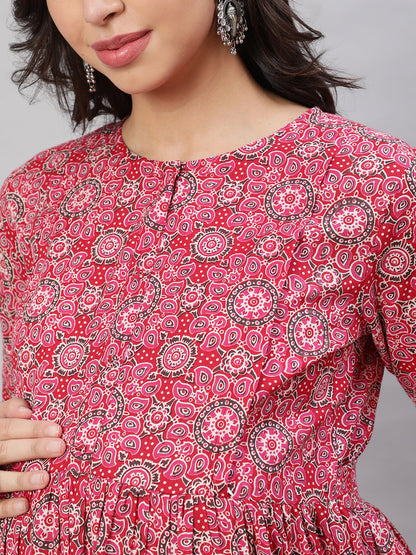 Women's Pink Printed Flared Maternity Dress